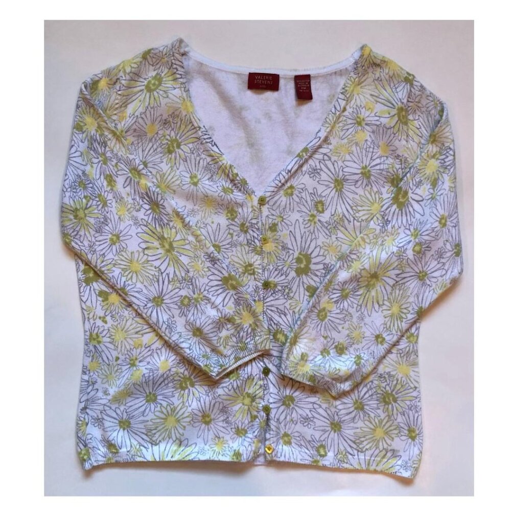 Valerie Stevens, White Daisy,  Cardigan Sweater, White, Yellow & Green, Size PM